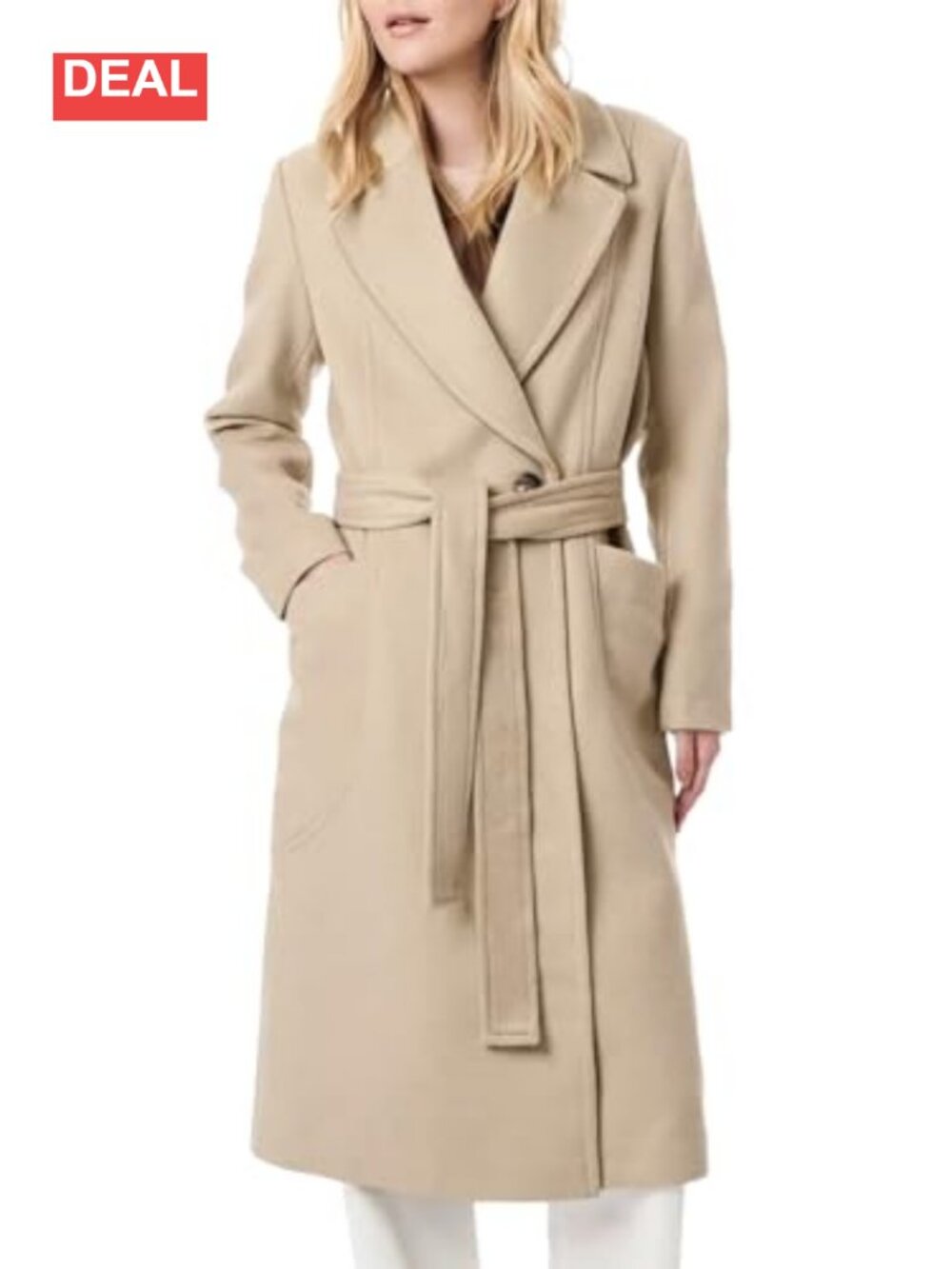 Wool Blend Pea Coat Notch Lapel Belted Long Overcoat